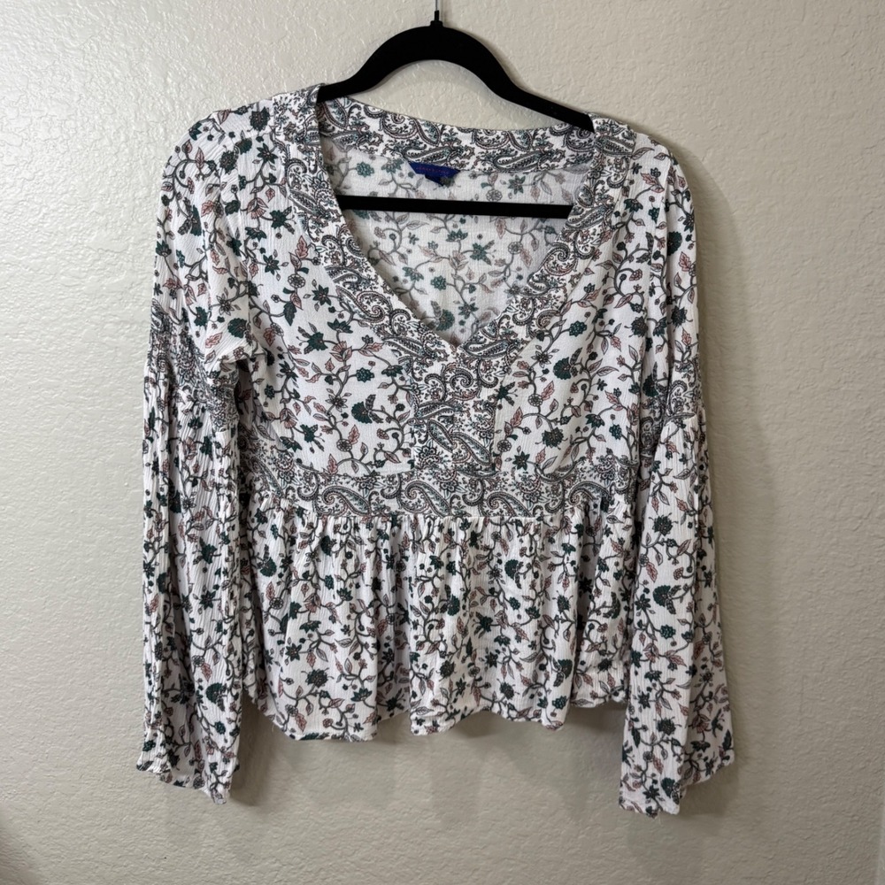 Aeropostale Floral Paisley Babydoll Top White Size S Boho Cottagecore Peplum